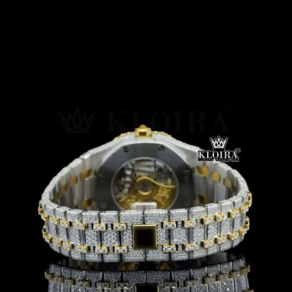 Yellow Gold Arabic Numerals Two Tone Fully Iced Out Moissanite Watch Caseback View