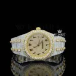 Yellow Gold Arabic Numerals Two Tone Fully Iced Out Moissanite Watch Front View