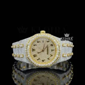 Yellow Gold Arabic Numerals Two Tone Fully Iced Out Moissanite Watch