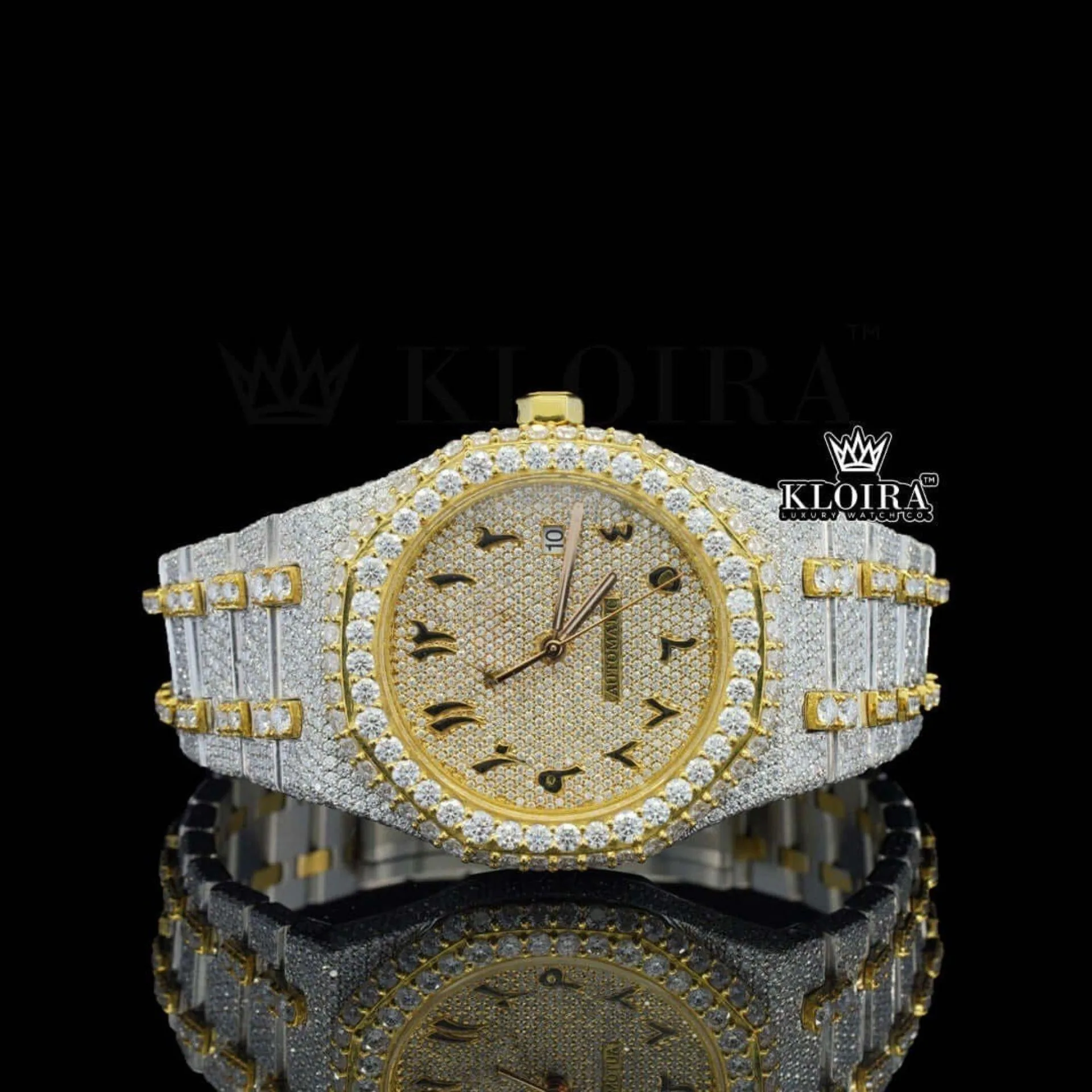 Yellow Gold Arabic Numerals Two Tone Fully Iced Out Moissanite Watch Front View