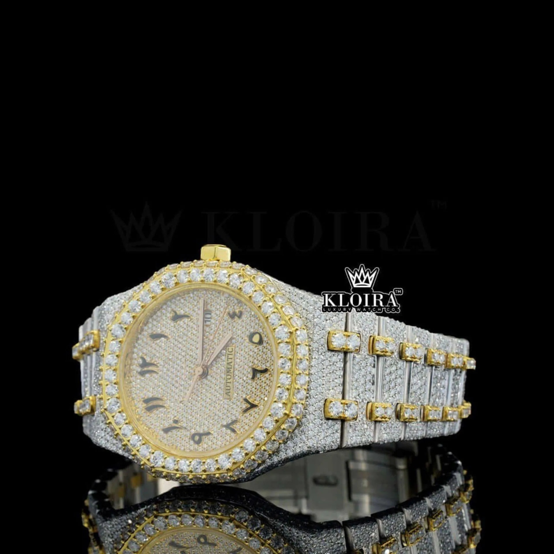 Yellow Gold Arabic Numerals Two Tone Fully Iced Out Moissanite Watch Left Profile View