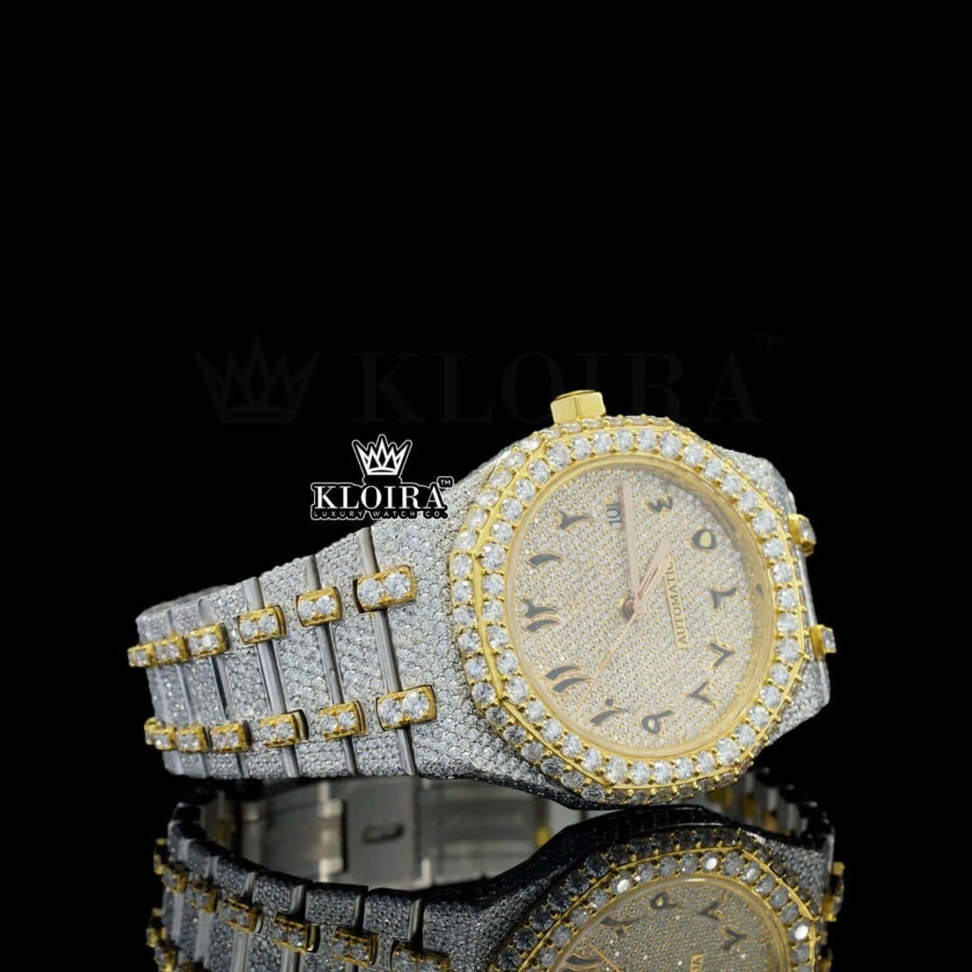 Yellow Gold Arabic Numerals Two Tone Fully Iced Out Moissanite Watch Right Profile View