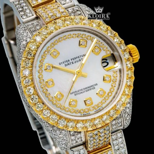 Yellow Gold Bezel Diamond Markers White Dial Two Tone Moissanite Watch Close Up Dial View