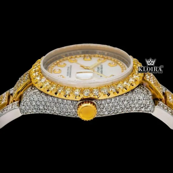 Yellow Gold Bezel Diamond Markers White Dial Two Tone Moissanite Watch Crown View