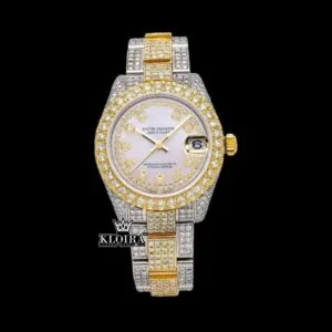 Yellow Gold Bezel Diamond Markers White Dial Two Tone Moissanite Watch