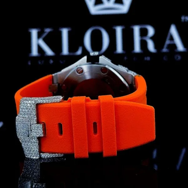 Yellow Gold Chronograph Dial Orange Rubber Strap Moissanite Watch Caseback View