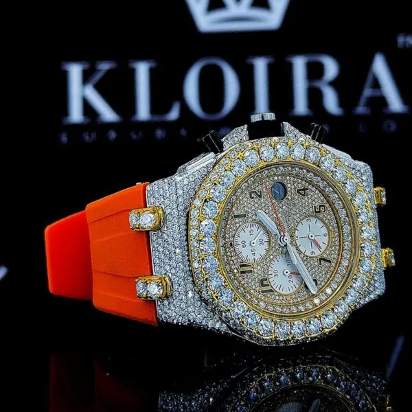 Yellow Gold Chronograph Dial Orange Rubber Strap Moissanite Watch Right Profile View