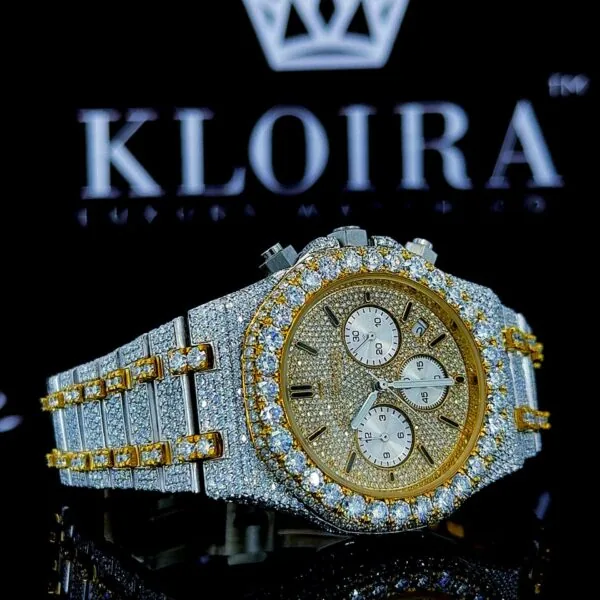 Yellow Gold Chronograph Dial Stick Markers Two Tone Moissanite Watch Right Profile View