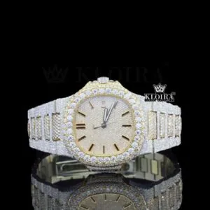 Yellow Gold Dial Black Stick Markers Two Tone Iced Out Moissanite Watch
