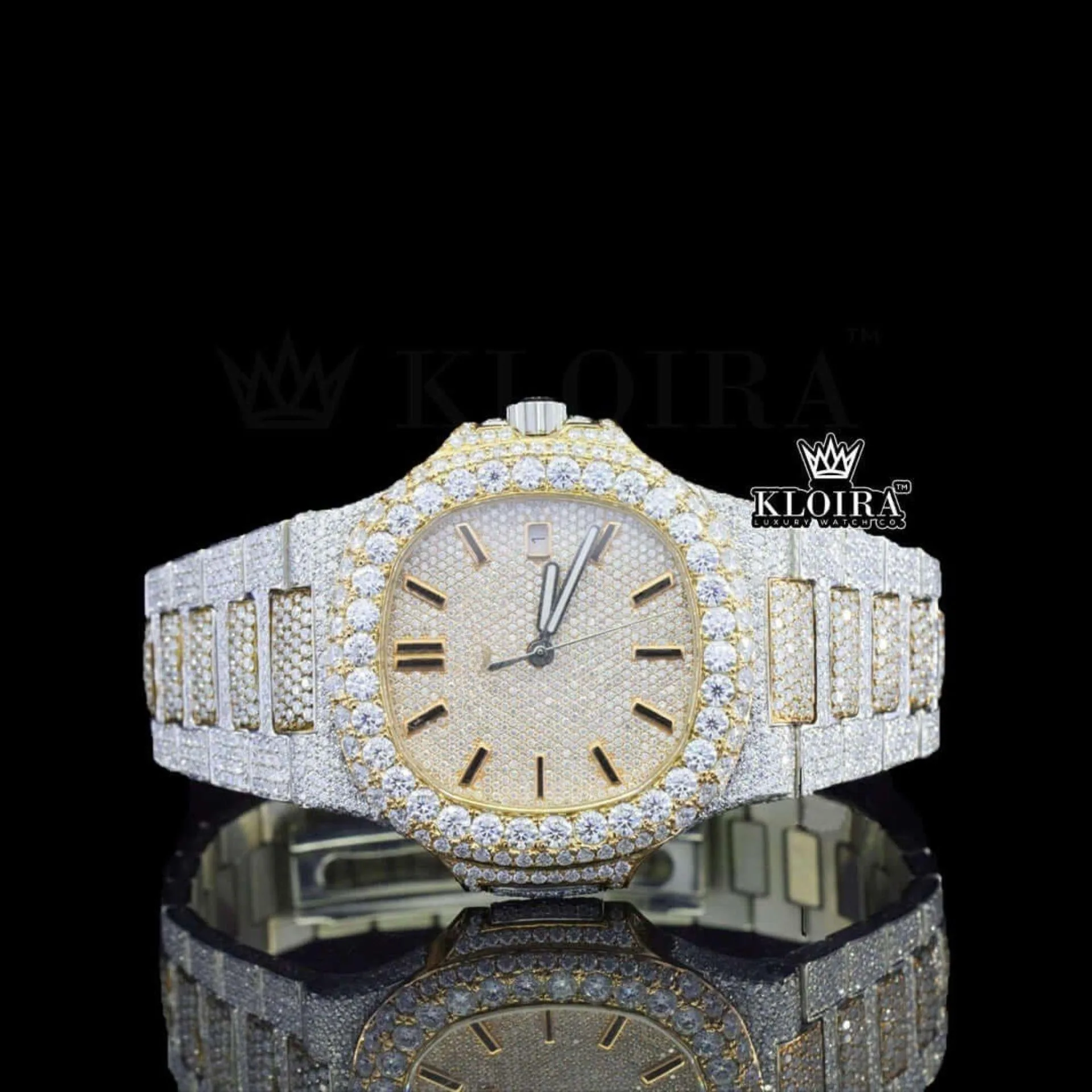 Yellow Gold Dial Black Stick Markers Two Tone Iced Out Moissanite Watch Front View