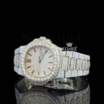 Yellow Gold Dial Black Stick Markers Two Tone Iced Out Moissanite Watch Left Profile View