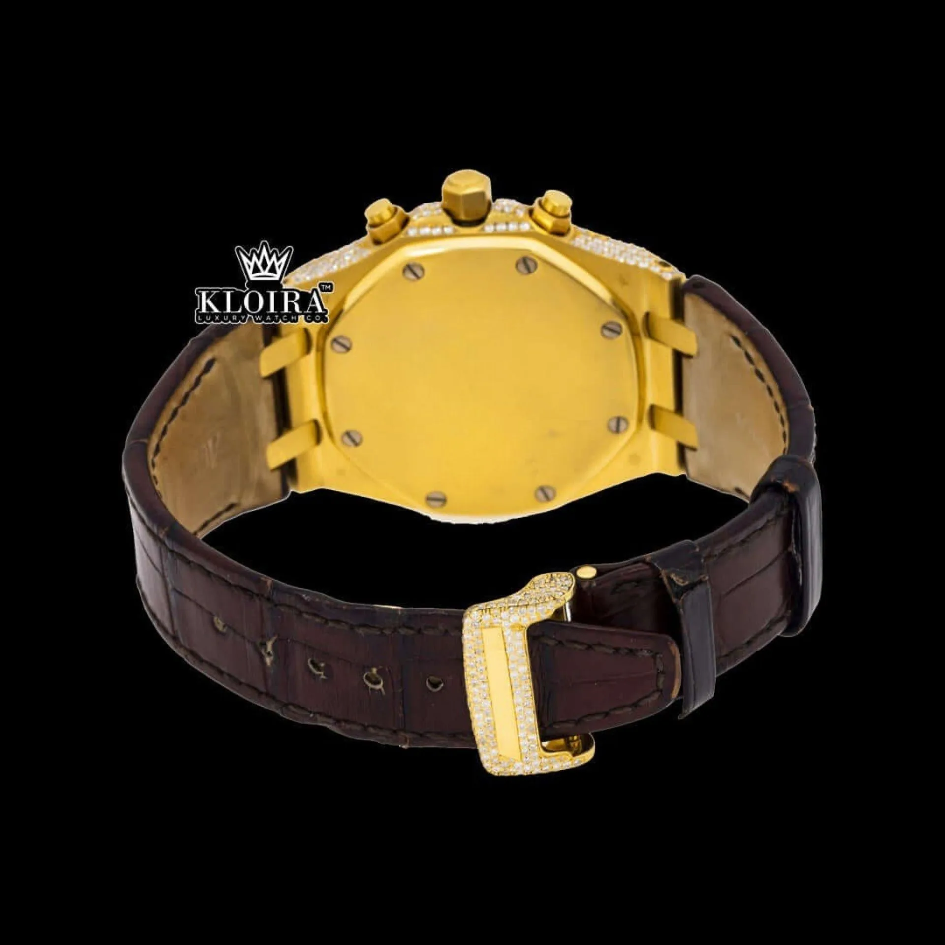 Yellow Gold Dial Brown Leather Strap Moissanite Diamond Watch Caseback View