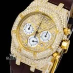 Yellow Gold Dial Brown Leather Strap Moissanite Diamond Watch Close Up Dial View