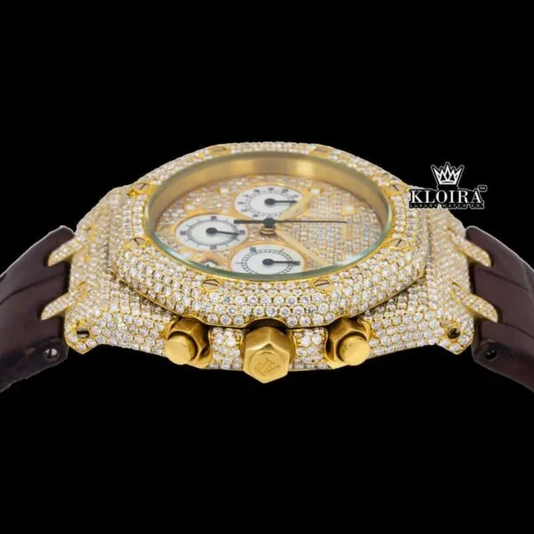 Yellow Gold Dial Brown Leather Strap Moissanite Diamond Watch Crown View
