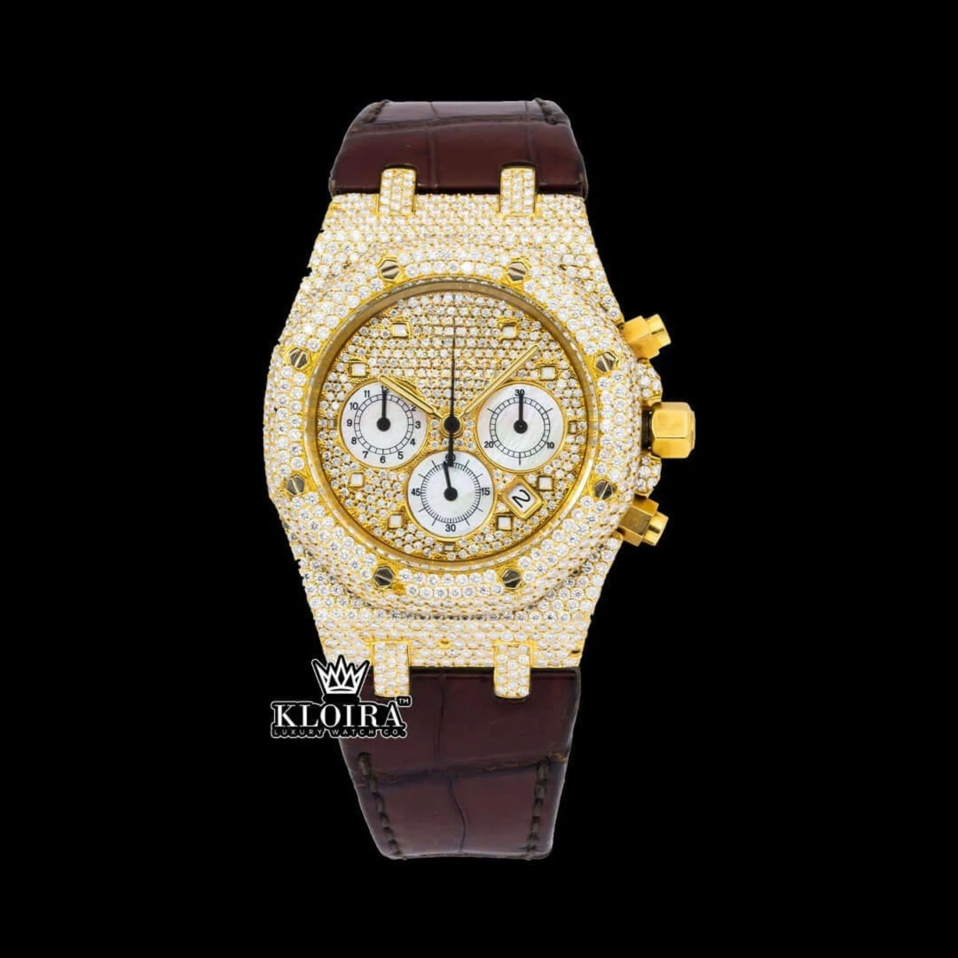 Yellow Gold Dial Brown Leather Strap Moissanite Diamond Watch Front View