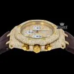 Yellow Gold Dial Brown Leather Strap Watch Moissanite Diamond Crown View