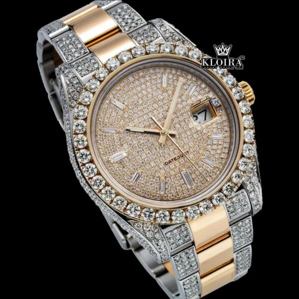 Yellow Gold Dial Diamond Markers Moissanite Diamond Watch Close Up Front View