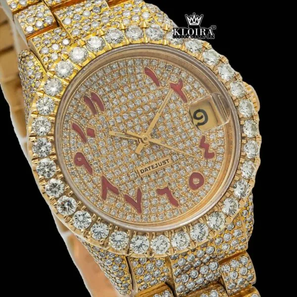 Yellow Gold Dial Red Arabic Numerals Iced Out Moissanite Watch Close Up Dial View