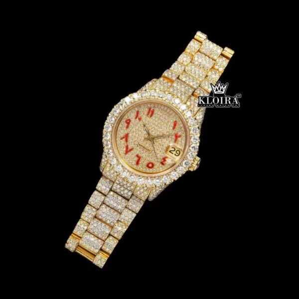 Yellow Gold Dial Red Arabic Numerals Iced Out Moissanite Watch Close Up Front View