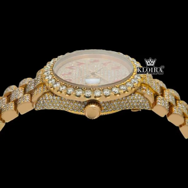 Yellow Gold Dial Red Arabic Numerals Iced Out Moissanite Watch Crown View