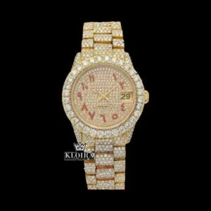 Yellow Gold Dial Red Arabic Numerals Iced Out Moissanite Watch