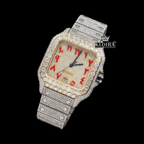 Yellow Gold Dial Red Arabic Numerals Two Tone Moissanite Watch Close Up Front View