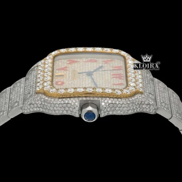 Yellow Gold Dial Red Arabic Numerals Two Tone Moissanite Watch Crown View