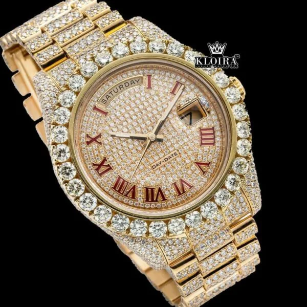 Yellow Gold Dial Red Roman Numerals Moissanite Diamond Watch Close Up Front View