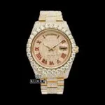 Yellow Gold Dial Red Roman Numerals Moissanite Diamond Watch