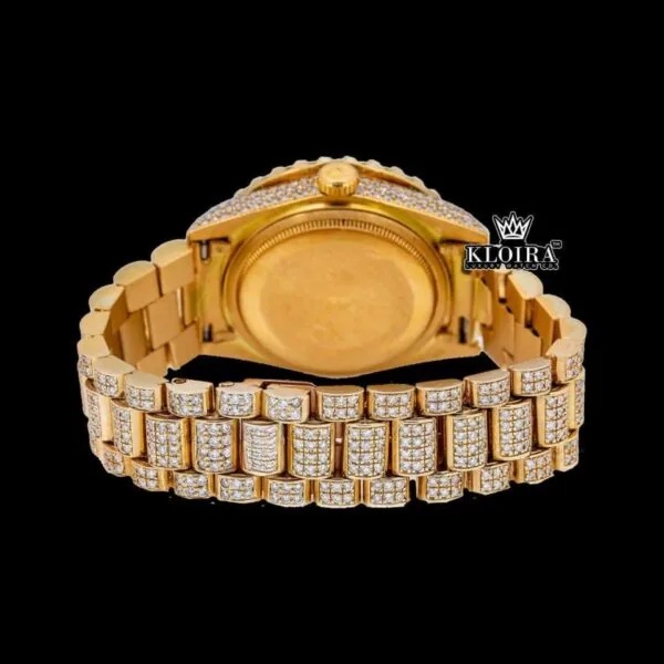 Yellow Gold Dial Roman Numerals Bust Down Moissanite Diamond Watch Caseback View