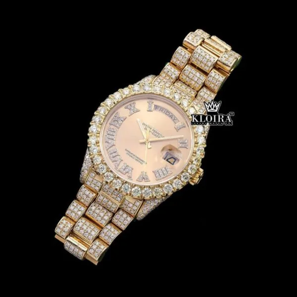 Yellow Gold Dial Roman Numerals Bust Down Moissanite Diamond Watch Close Up Front View