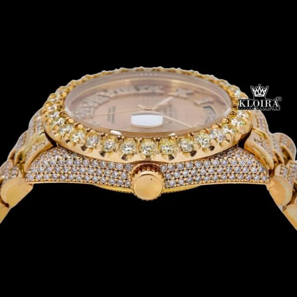 Yellow Gold Dial Roman Numerals Bust Down Moissanite Diamond Watch Crown View