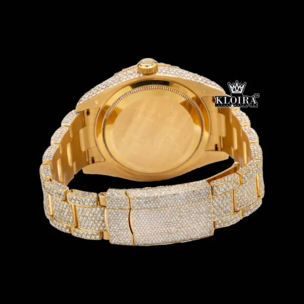 Yellow Gold Dial Standard Numerals Bust Down Moissanite Diamond Watch Caseback View
