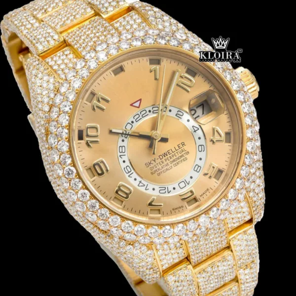 Yellow Gold Dial Standard Numerals Bust Down Moissanite Diamond Watch Close Up Front Viewa