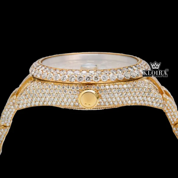 Yellow Gold Dial Standard Numerals Bust Down Moissanite Diamond Watch Crown View