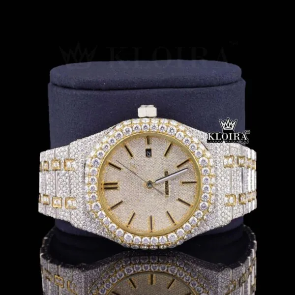 Yellow Gold Dial Two Tone Fully Iced Out Moissanite Watch Close Up Front View