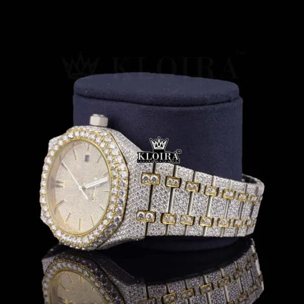Yellow Gold Dial Two Tone Fully Iced Out Moissanite Watch Left Profile View
