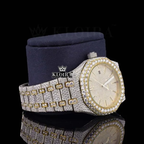 Yellow Gold Dial Two Tone Fully Iced Out Moissanite Watch Right Profile View