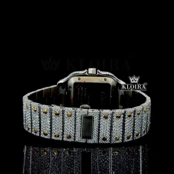 Yellow Gold Roman Dial Two Tone Iced Out Moissanite Diamond Watch Caseback View