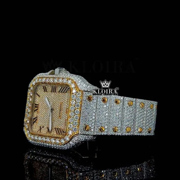 Yellow Gold Roman Dial Two Tone Iced Out Moissanite Diamond Watch Left Profile View