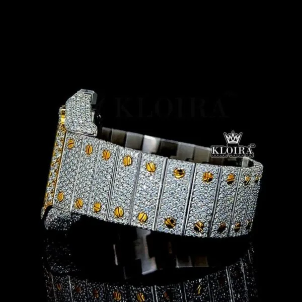 Yellow Gold Roman Dial Two Tone Iced Out Moissanite Diamond Watch Left Side View