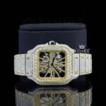 Yellow Gold Skeleton Dial Two Tone Iced Out Lab-Grown Diamond Watch Close Up Front View