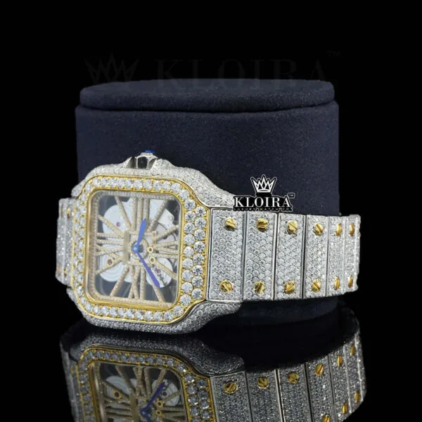 Yellow Gold Skeleton Dial Two Tone Iced Out Lab-Grown Diamond Watch Left Profile View