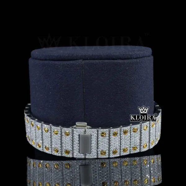 Yellow Gold Square Dial Black Roman Numerals Moissanite Watch Bracelet View