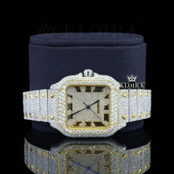 Yellow Gold Square Dial Black Roman Numerals Moissanite Watch Close Up Front View