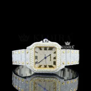 Yellow Gold Square Dial Black Roman Numerals Moissanite Watch