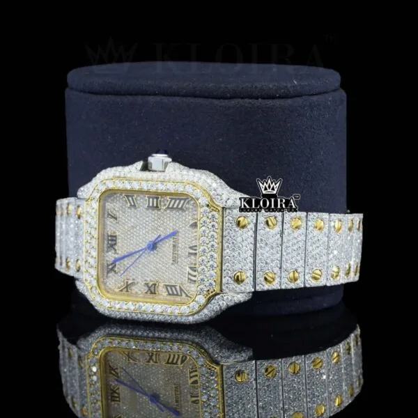 Yellow Gold Square Dial Black Roman Numerals Moissanite Watch Left Profile View