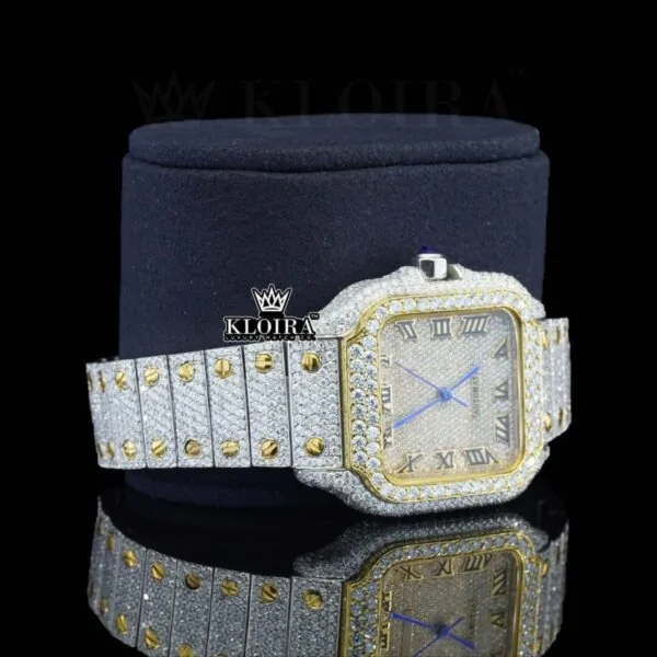 Yellow Gold Square Dial Black Roman Numerals Moissanite Watch Right Profile View