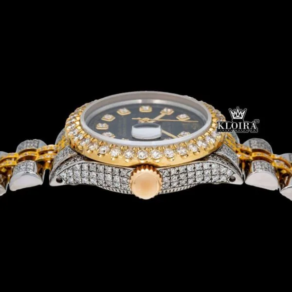 Yellow Gold Two Tone Black Dial Diamond Markers Moissanite Watch Crown View