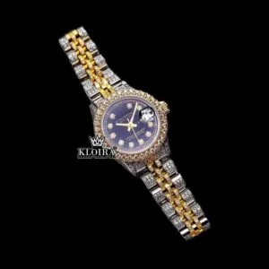 Yellow Gold Two Tone Black Dial Diamond Markers Moissanite Watch